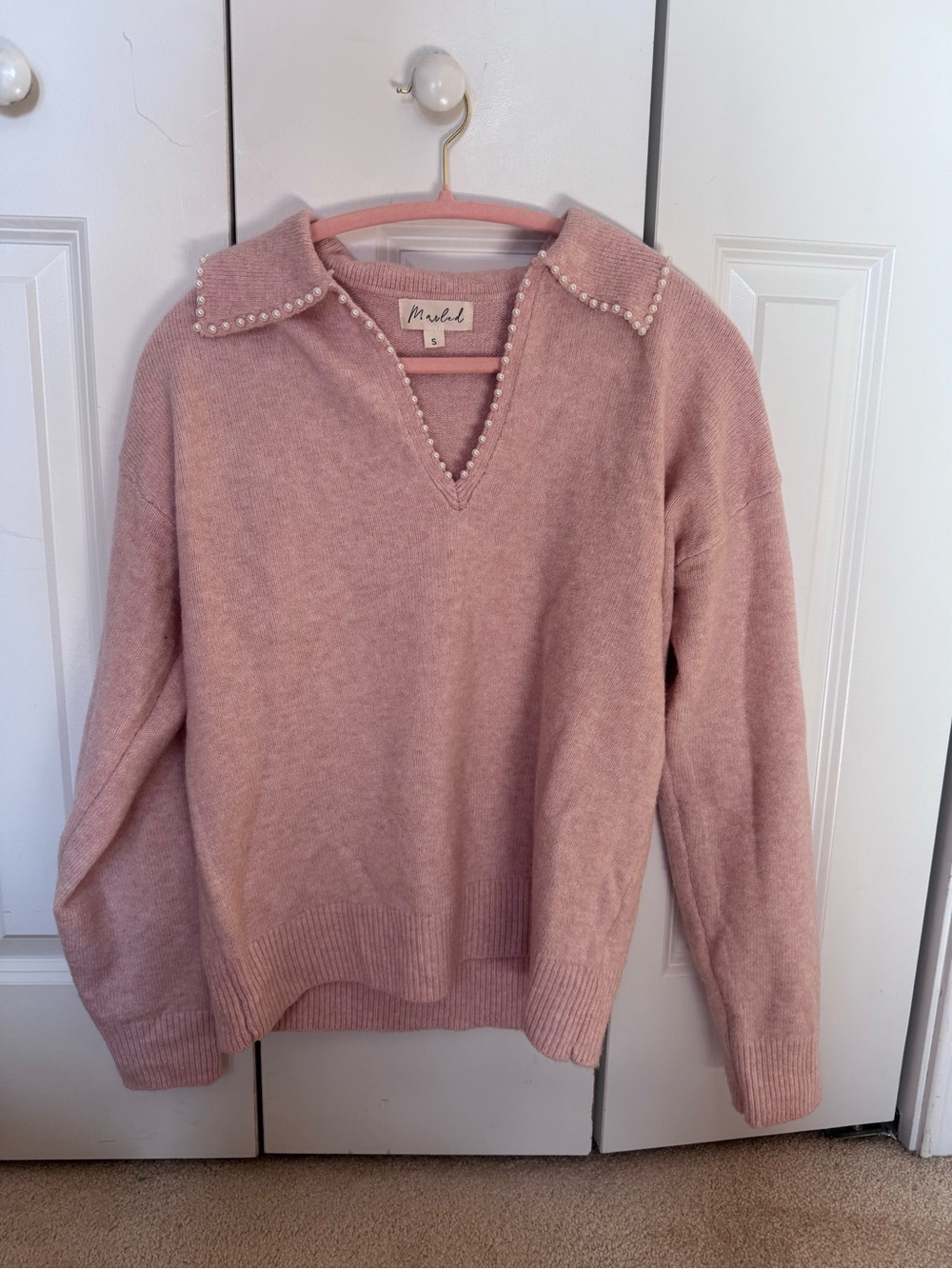 Marled Blush Pearl-Trim V-Neck Sweater